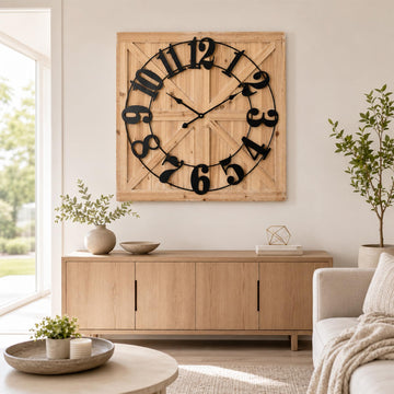 Wooden Farmhouse Wall Clock 30 Inch, Rustic Barn Door Clock
