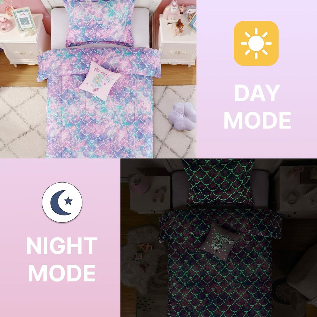 Twin Comforter Set for Girls-3 Pieces Mermaid Glow in the Dark Twin Bedding Sets for Kids, 1 Comforter, 1 Sham and 1