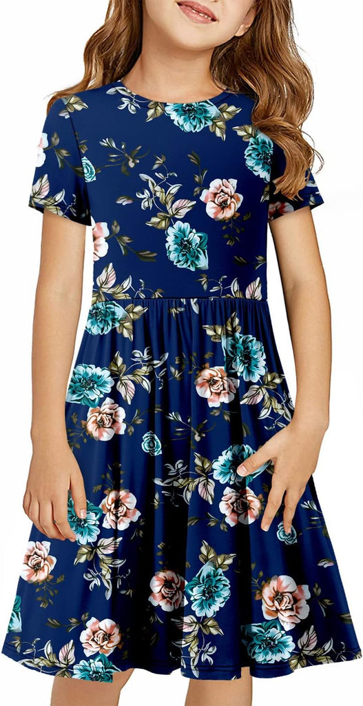 Girls Short Sleeve Dress Casual A Line Twirly Skater Dresses