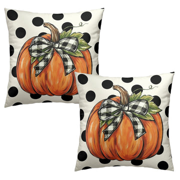 Fall Pumpkin Pillow Covers 16x16 Set of 2 Black Polka Dot Buffalo Plaid Bow Autumn Throw Pillow Cases Rustic