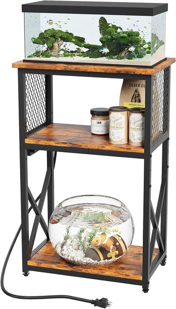 10 Gallon Fish Tank Stand with Power Outlet, 3 Tier Aquarium Stand with Shelf, Turtle/Reptile Tank Stand, Adjustable