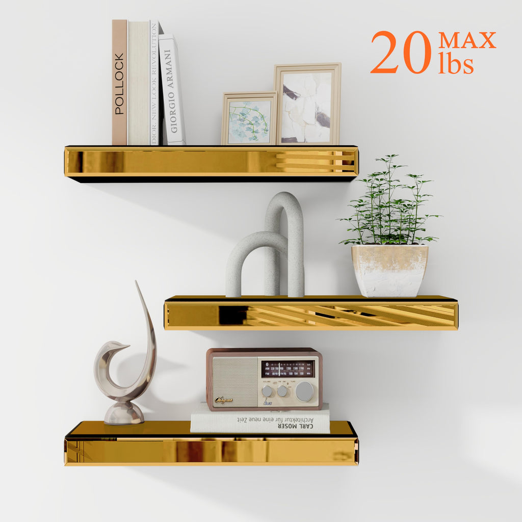 Glass Floating Shelves for Wall, Set of 3, Brass