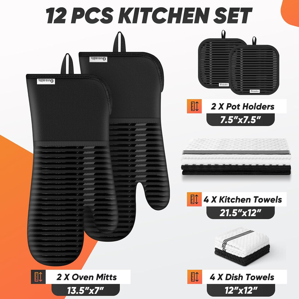 Oven Mitts Kitchen Towels and Dishcloths with Pot Holders Sets, Oven Gloves Hot Pads 500°F Heat Resistant with