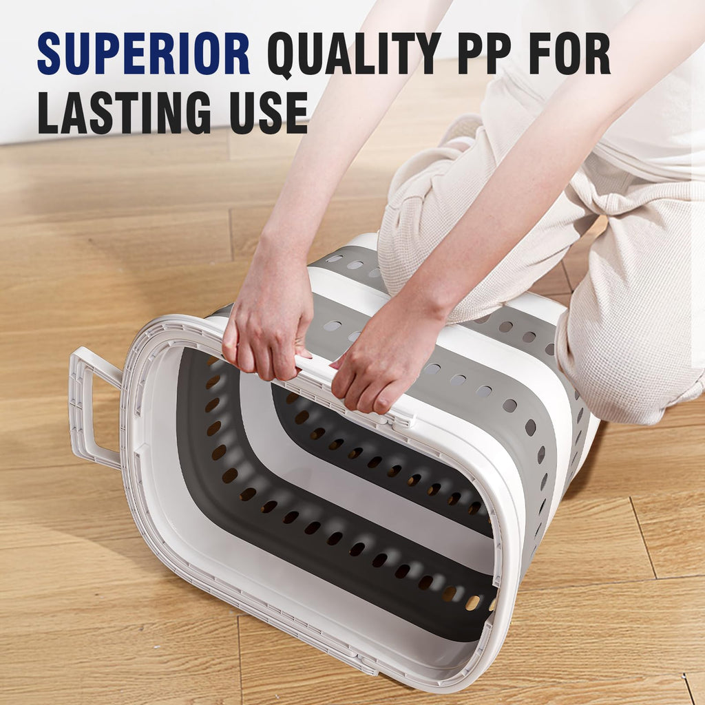 Collapsible Plastic Rolling Laundry Basket Hamper with Wheels, 45L Portable Rubber Clothes Basket, Pop Up Storage