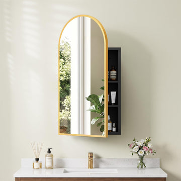 Arched Recessed Medicine Cabinet with Mirror, Bathroom Mirror Storage, Gold