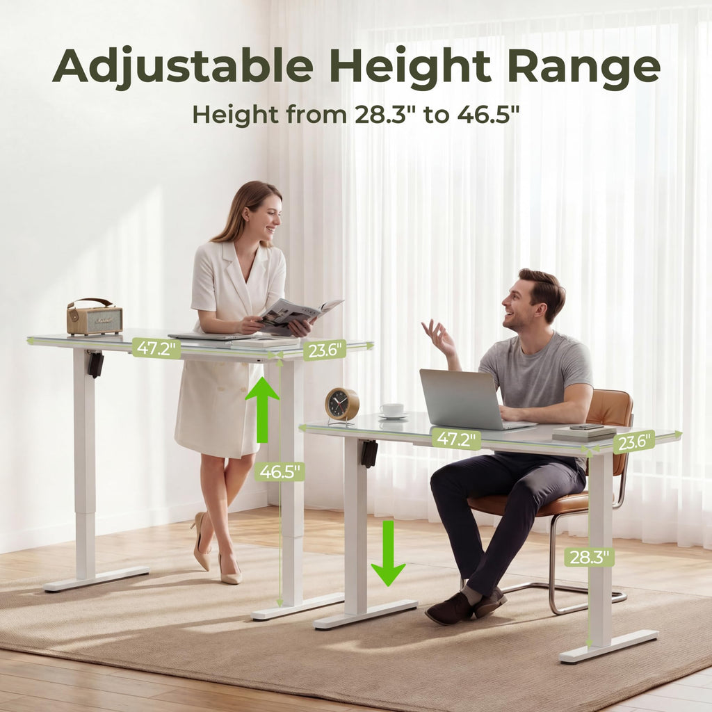 Glass Standing Desk with Drawers, Electric Adjustable Home Office Sit Stand Desk with One-Piece Desktop & USB