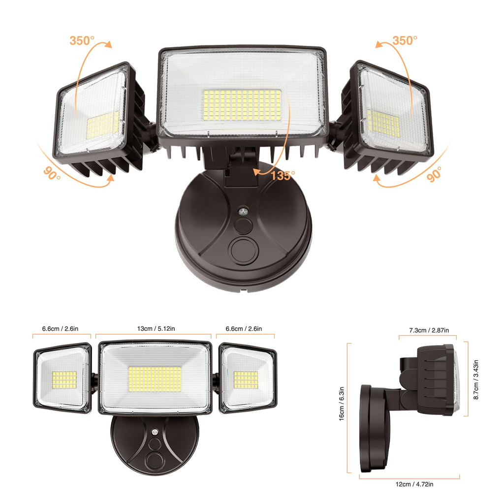 Flood Lights Outdoor, Brightness Security LED Flood Lights with 3 Adjustable Heads, Switch Controlled