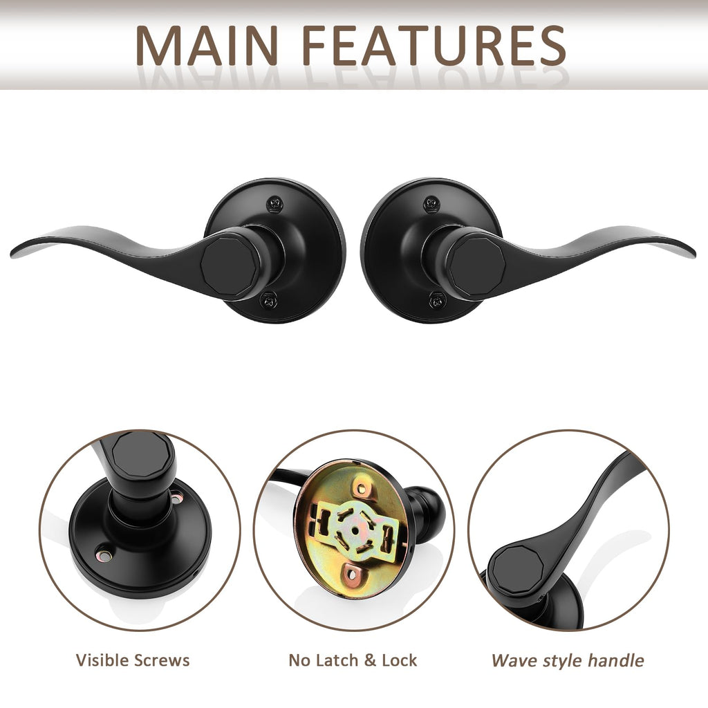 6 Pack Dummy Door Lever Door Handle for Left Hand and Right Hand, Wave Style French Door Handle with Black Finish