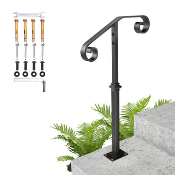 Single Post Handrail, 1 or 2 Steps Handrails for Outdoor Steps, Rust-Proof Wrought Iron Stair Railing for Seniors