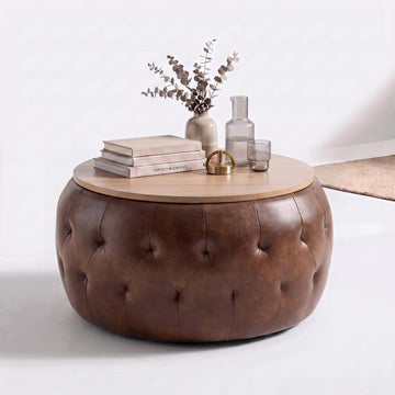 Round Ottoman with Storage, 25 Inches Wooden Top Coffee Table , Modern Upholstered Side Table, Multifunctional Faxu