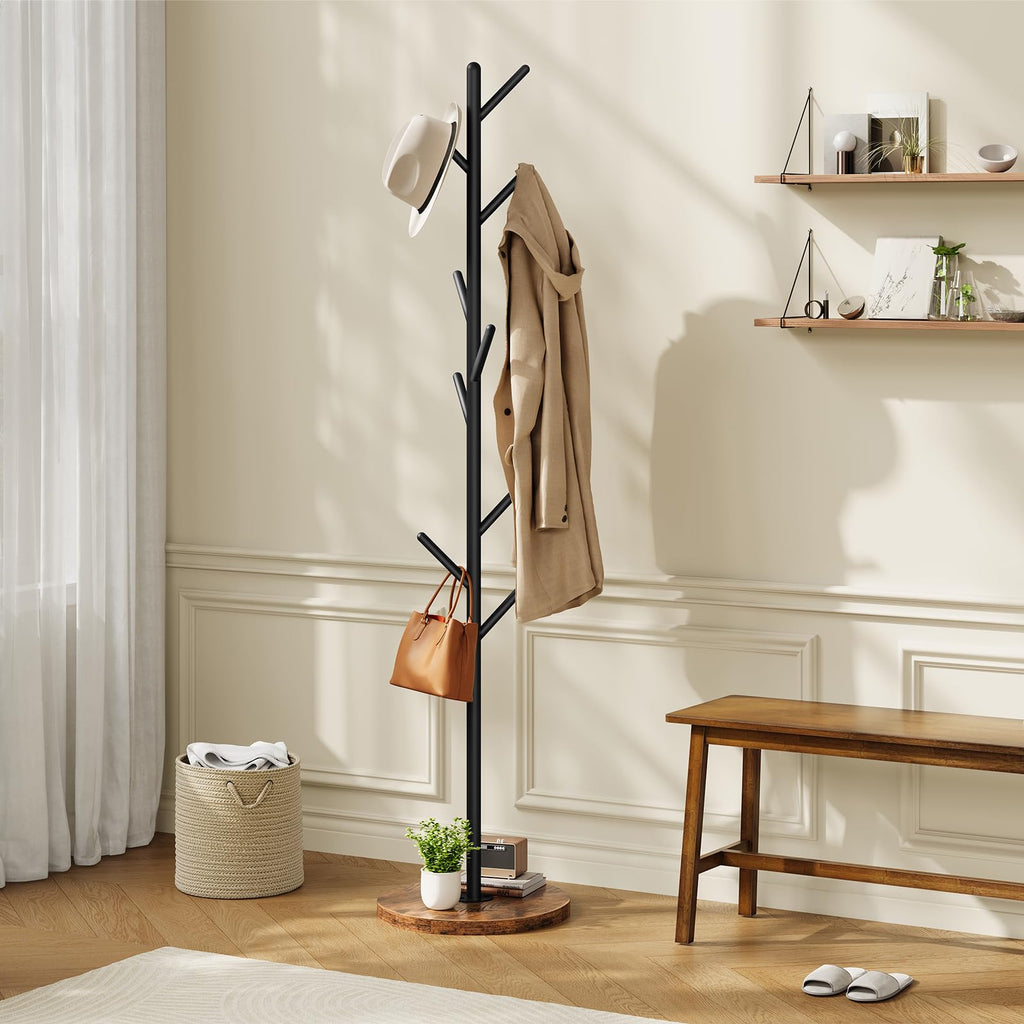 Coat Rack Stand with 9 Hooks, Metal Freestanding Coat Tree with Wooden Base, Heavy Duty Hall Tree, Space Saving Coat