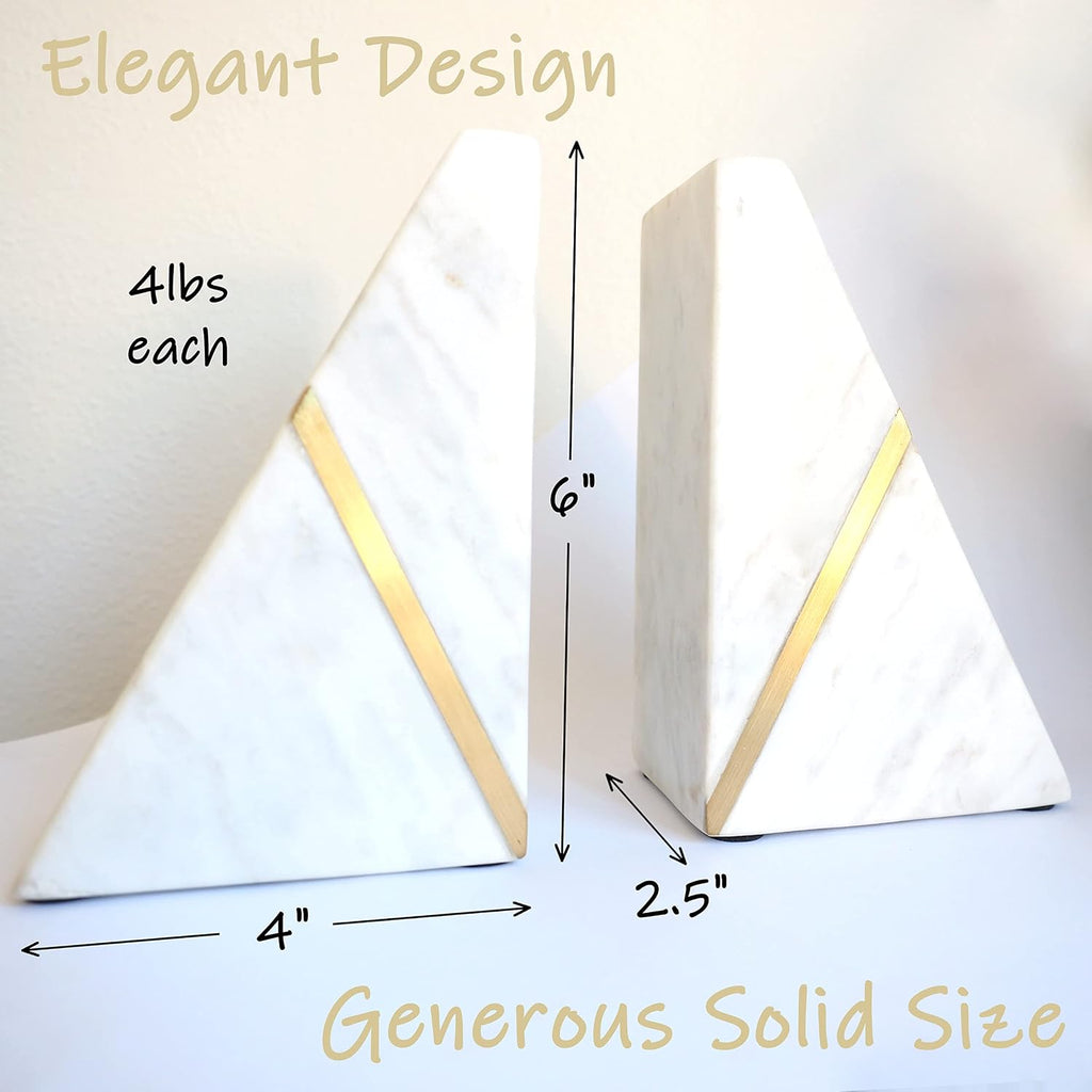 Marble Bookends Handcrafted Heavy Marble Triangular Bookshelf Decor Brass Inlay Set of 2 Decorative Bookends Book