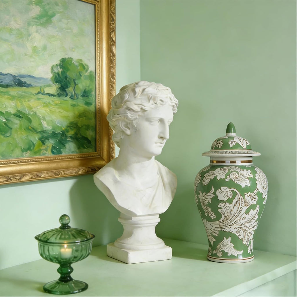 11′′ Green Ginger Jar Traditional Peony Temple Jar Home Accent Piece