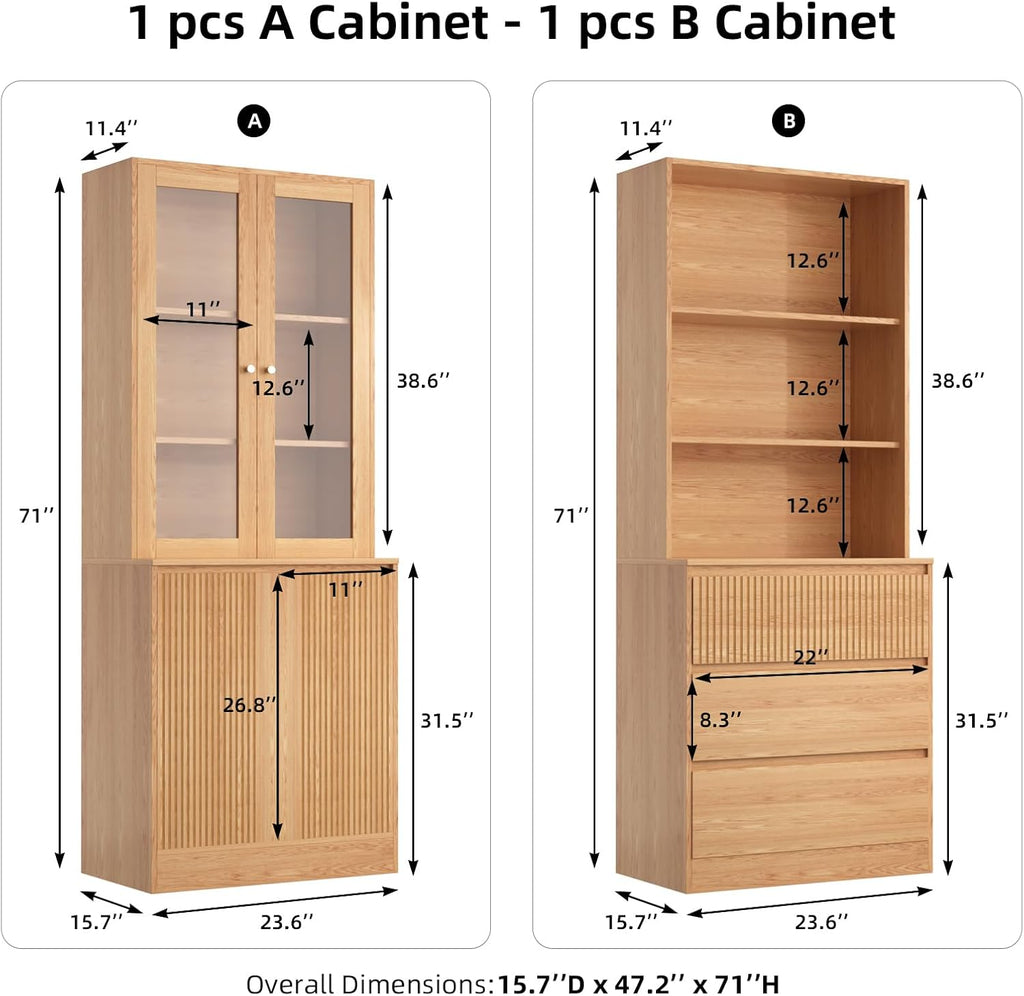 Tall Bookcase with Glass Doors and Drawers,71'' Wooden Bookshelf with Storage,Display Cabinet ,Set of 2 (A+B)