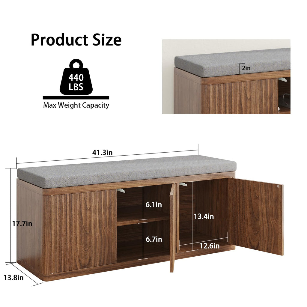 41.3" Shoe Storage Bench with Cushion, Adjustable Shelves, 440lbs, Walnut