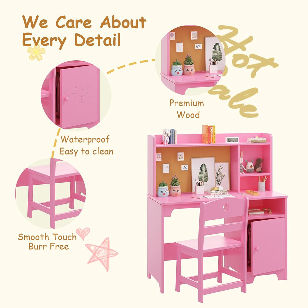 Kids Study Desk with Chair,Wooden Children Study Table with Hutch and Storage Cabinet for Boys Girls 3-12 Year Old