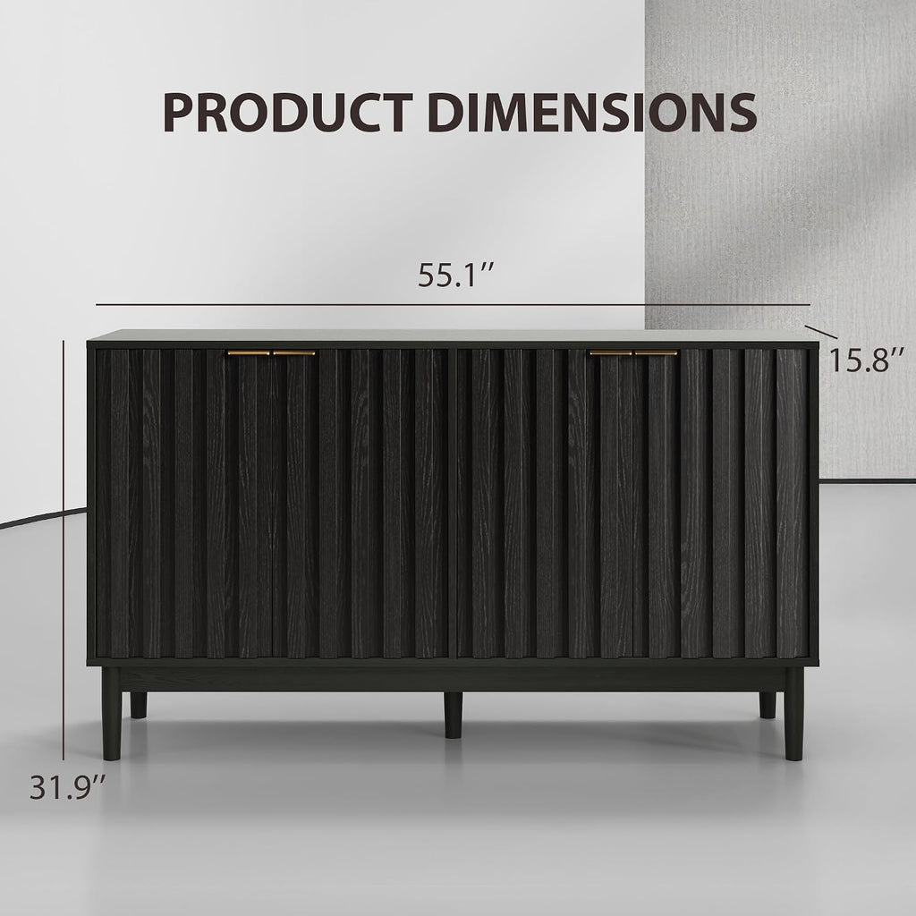 55" Fluted Buffet Cabinet with Storage, Accent Cabinet, Black | Wooden Sideboard with Adjustable Shelves, Accent