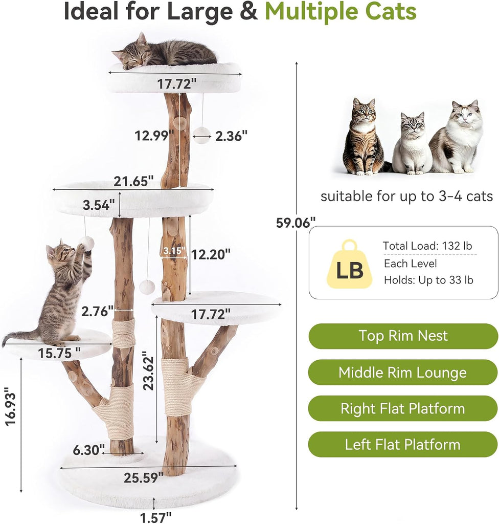 Wood Cat Tree, 59" Cat Tree Tower, Modern Cat Tower with Scratching Post