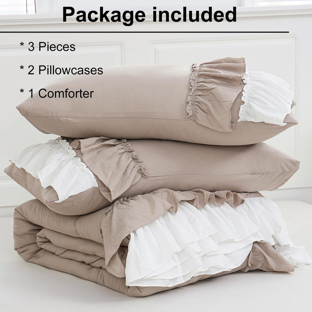 Taupe and White Two-Tone Ruffle Comforter Set, 3 Pieces Shabby Chic Farmhouse Bedding, Soft Microfiber Comforter