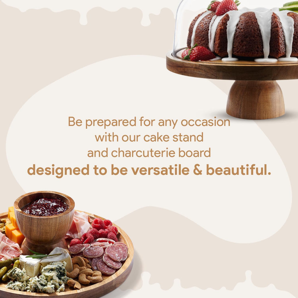 Wood Cake Stand with Lid, 2-in-1 Charcuterie Board, Round dome