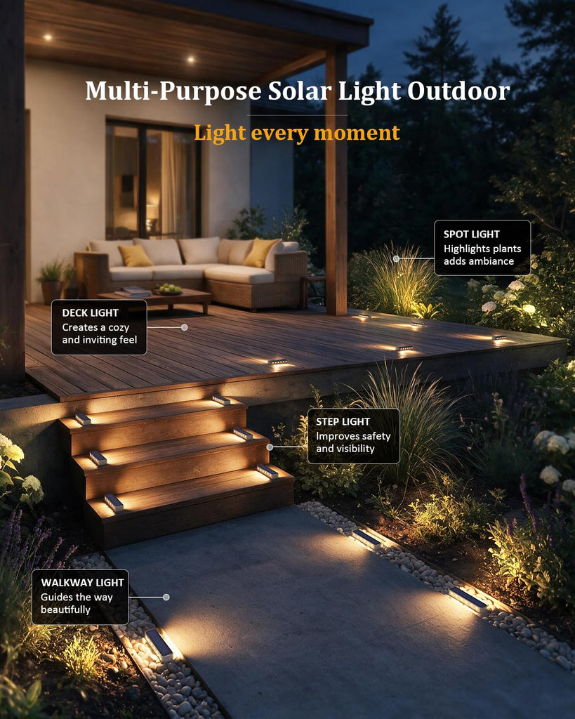 Solar Step Deck Lights Outdoor IP68 Waterproof Stick on 4 Pack Warm White
