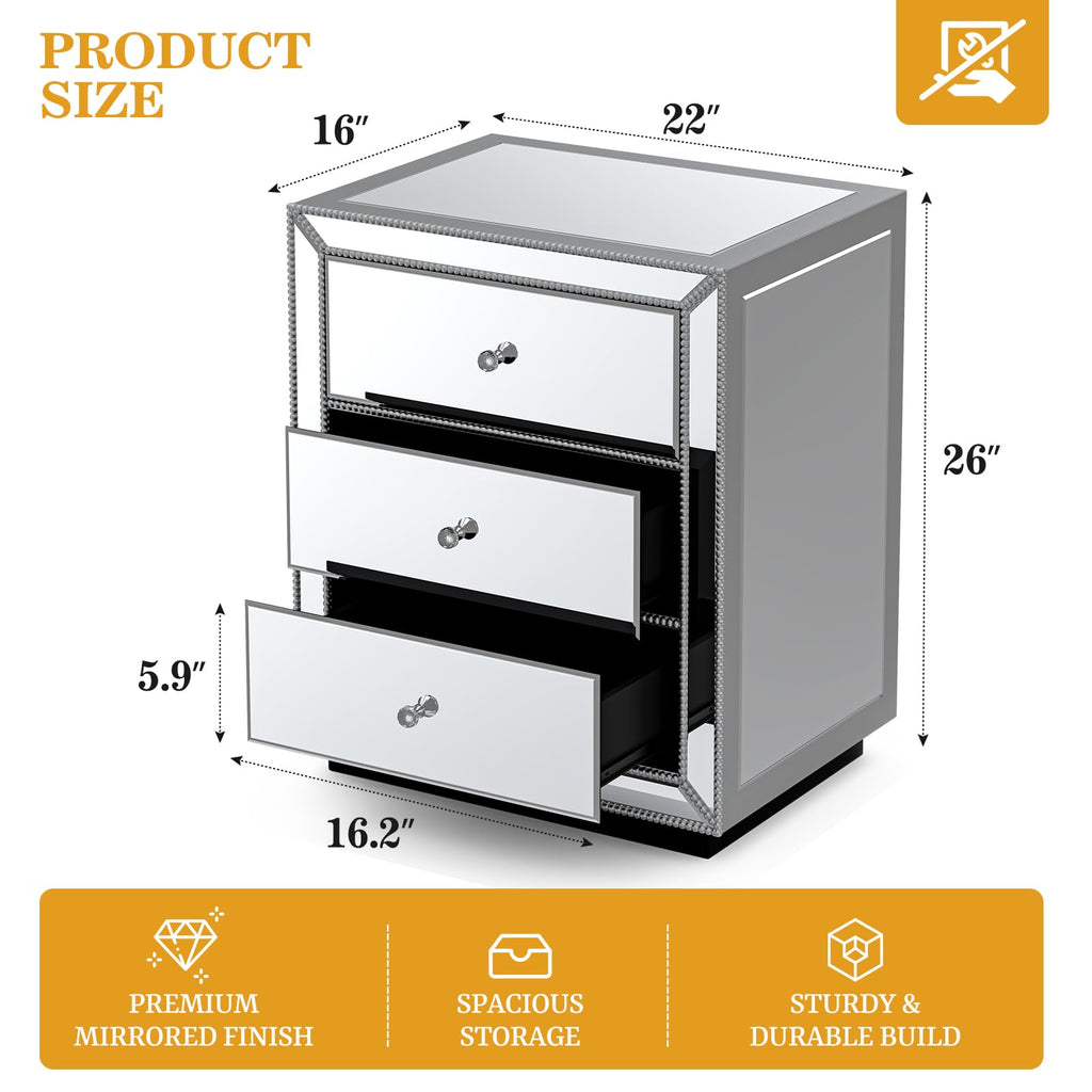 Mirrored Nightstand Bedside Table with 3 Drawers, Silver Modern End Table with Crystal Handle, Mirrored Side Table