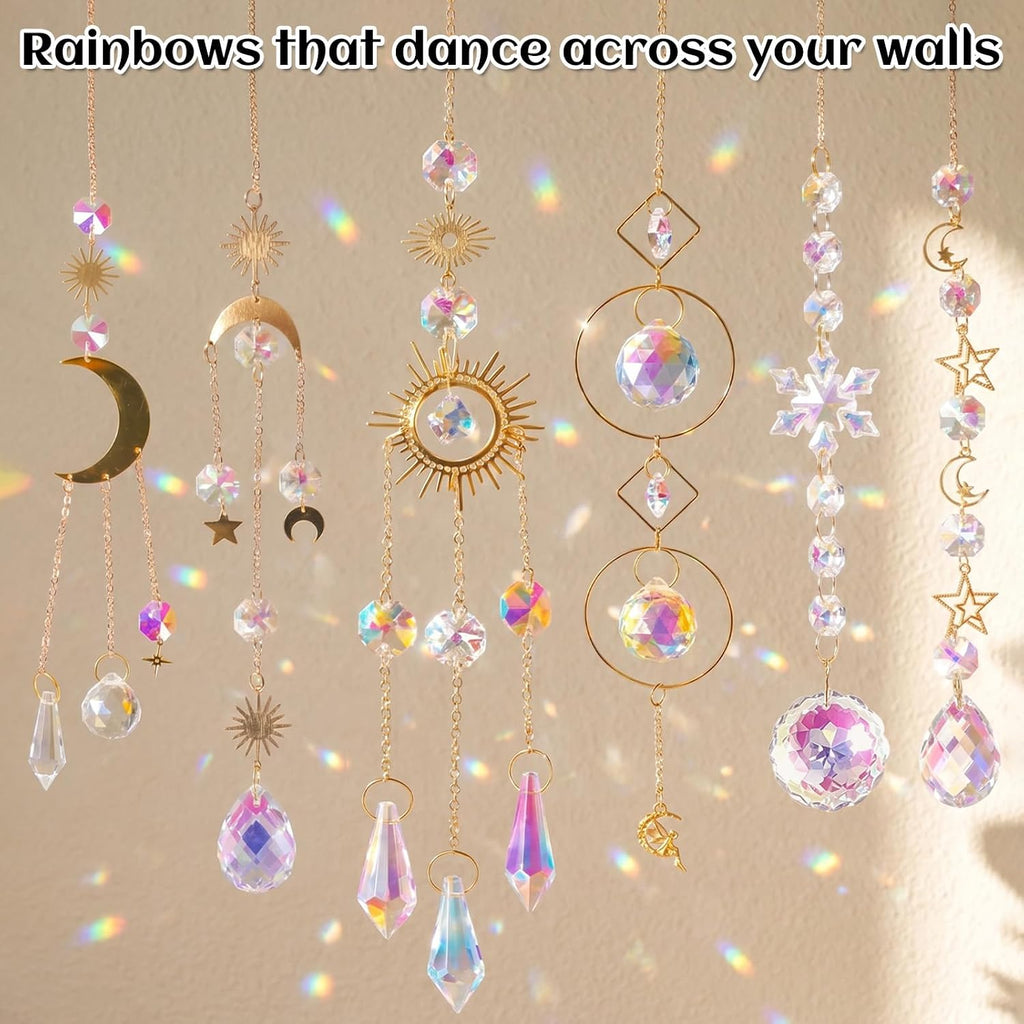 6 Pack Crystal Suncatchers for Window, Rainbow Prism Hanging Decor - Sun Catchers Indoor Hanging Decor with Sun Moon