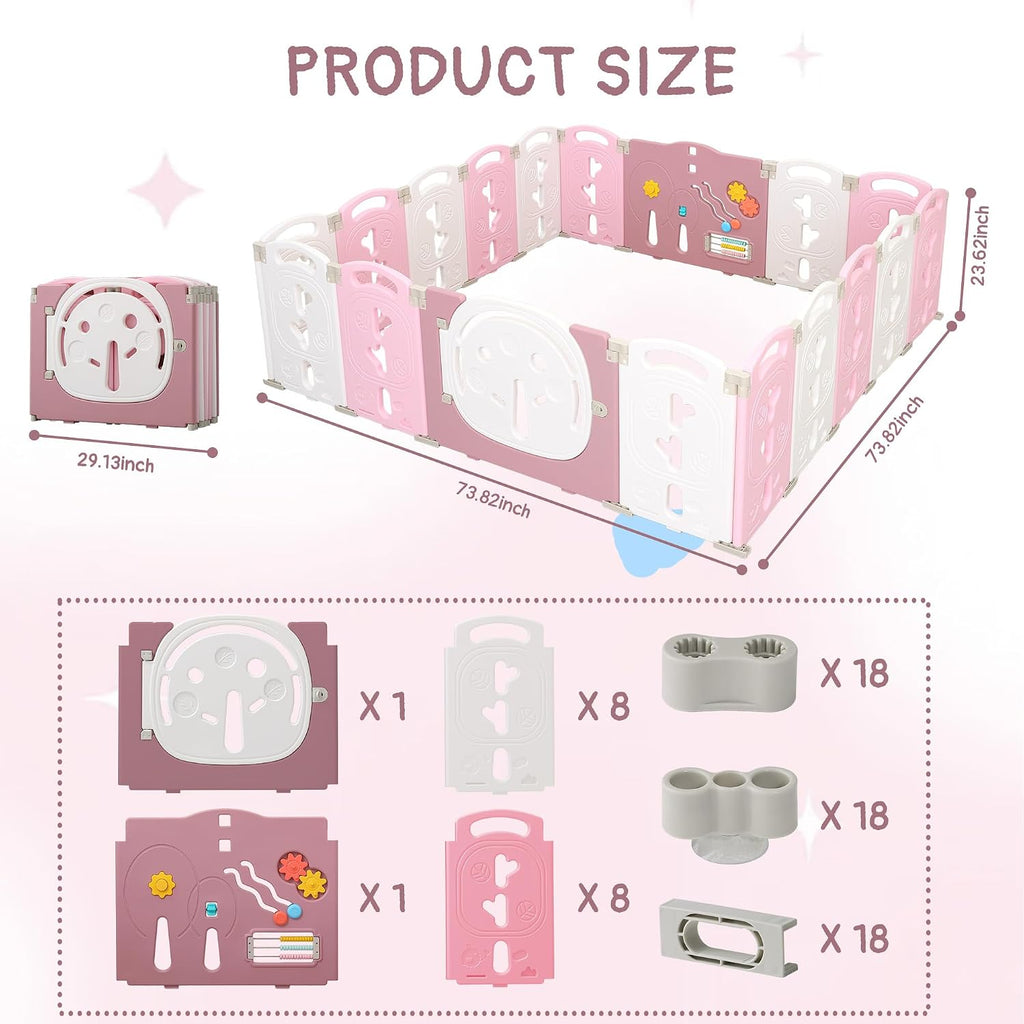 Foldable Baby Playpen, Portable Play Yard for Babies and Toddlers with Safety Lock Gate & Game Panel, Adjustable