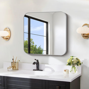 Bathroom Mirror for Over Sink 24x24 Inch Silver, Square Wall Mirror with Metal Frame, Rounded Corners Decor