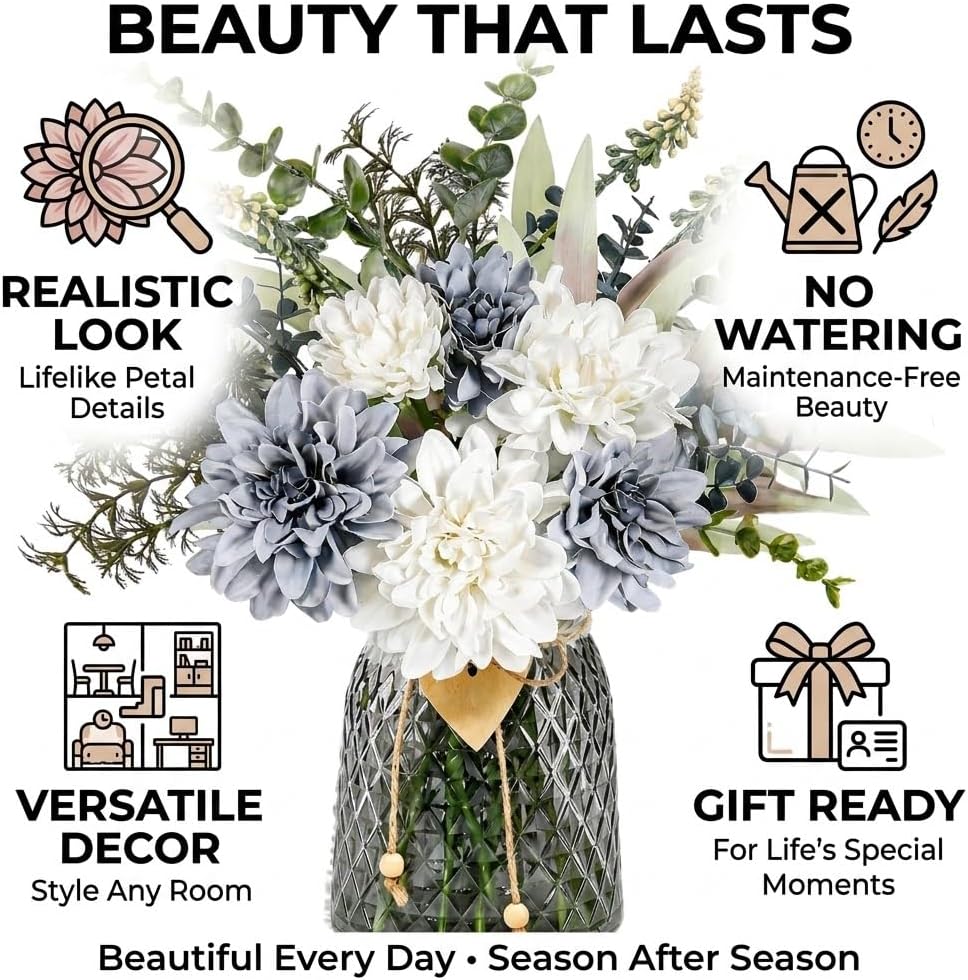 Blue Artificial Flowers with Glass Vase - Realistic Silk Dahlias Hydrangeas Bouquet with Wooden Heart Charm