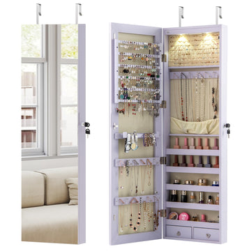 Wall Door Mounted Jewelry Armoire with 47.5" Full Length Mirror & 2 LED Lights, Large Storage Capacity, Lockable