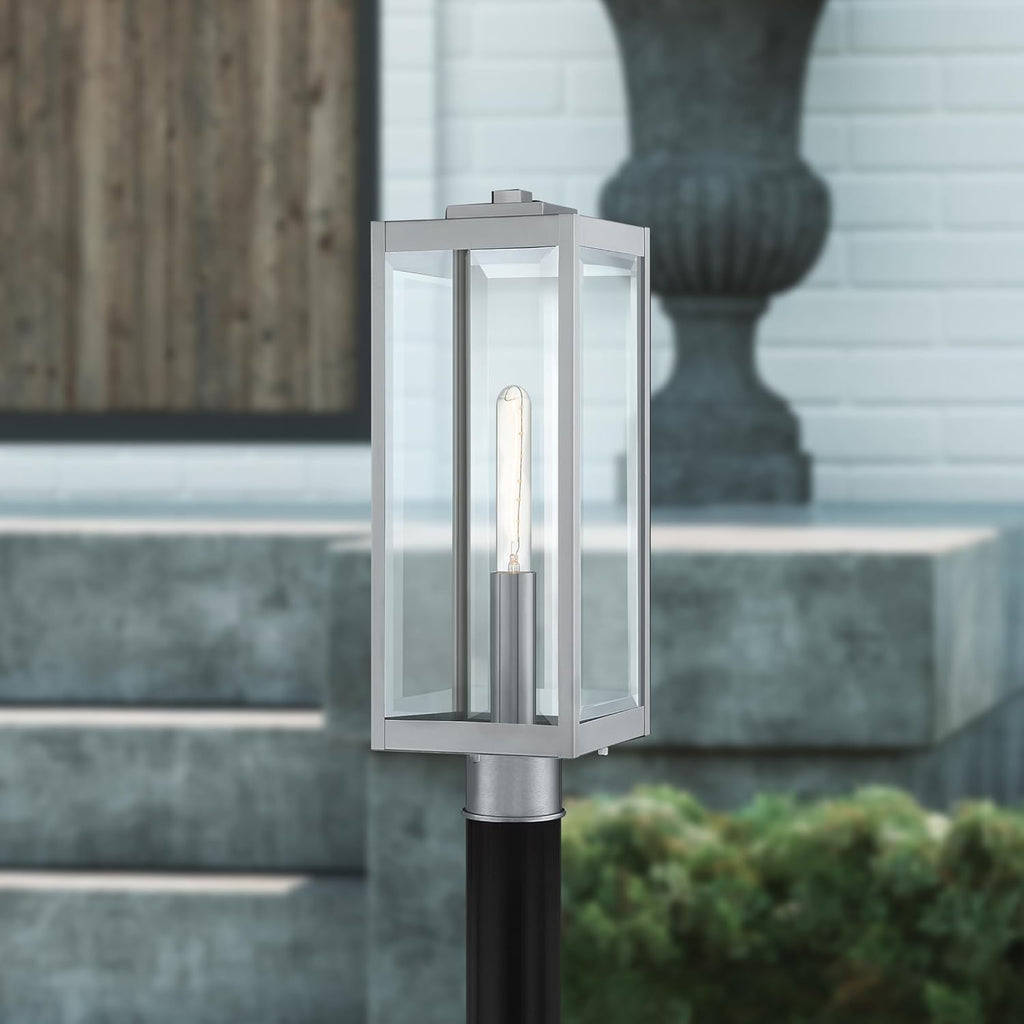 Westover Outdoor Post Lantern, 21.25 Inch 1-Light Stainless Steel Modern Lamp Post, Clear Beveled Glass