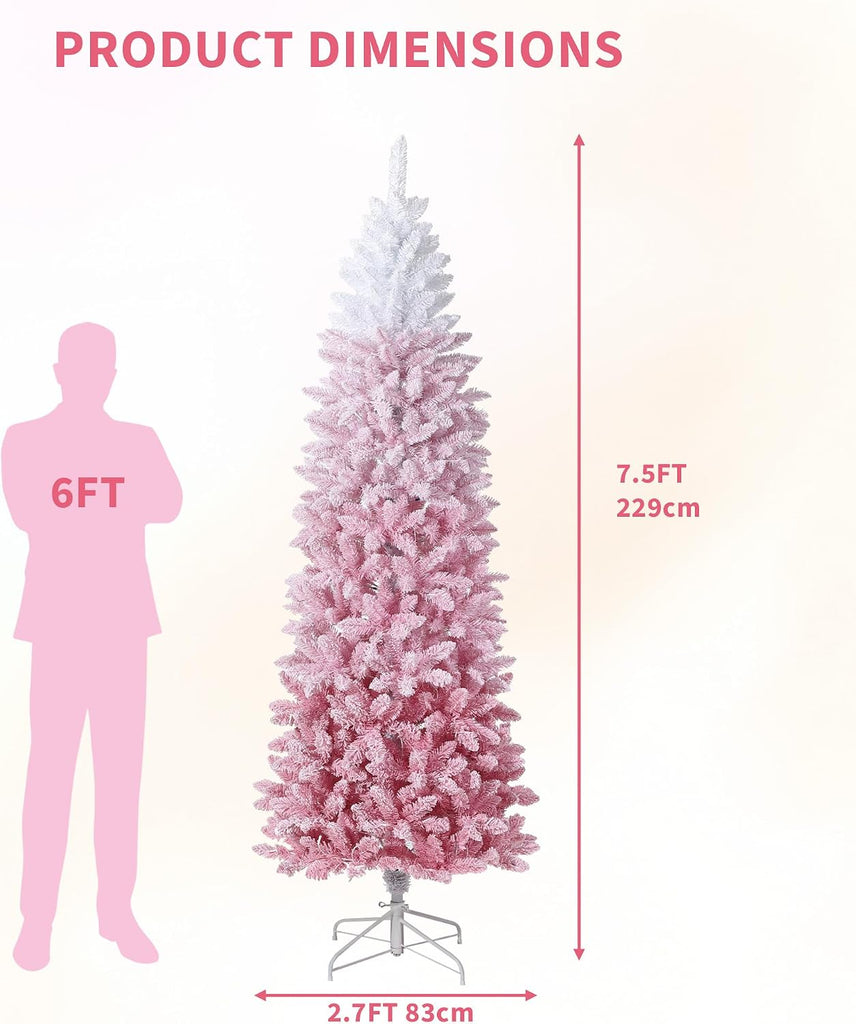 Prelit Artificial Christmas Tree with RGB & Warm White Lights, Pre-Lit Snow Flocked Pencil Christmas Tree