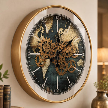 Large Moving Gear World Wall Clock 23 Inch With Mirrored Glass