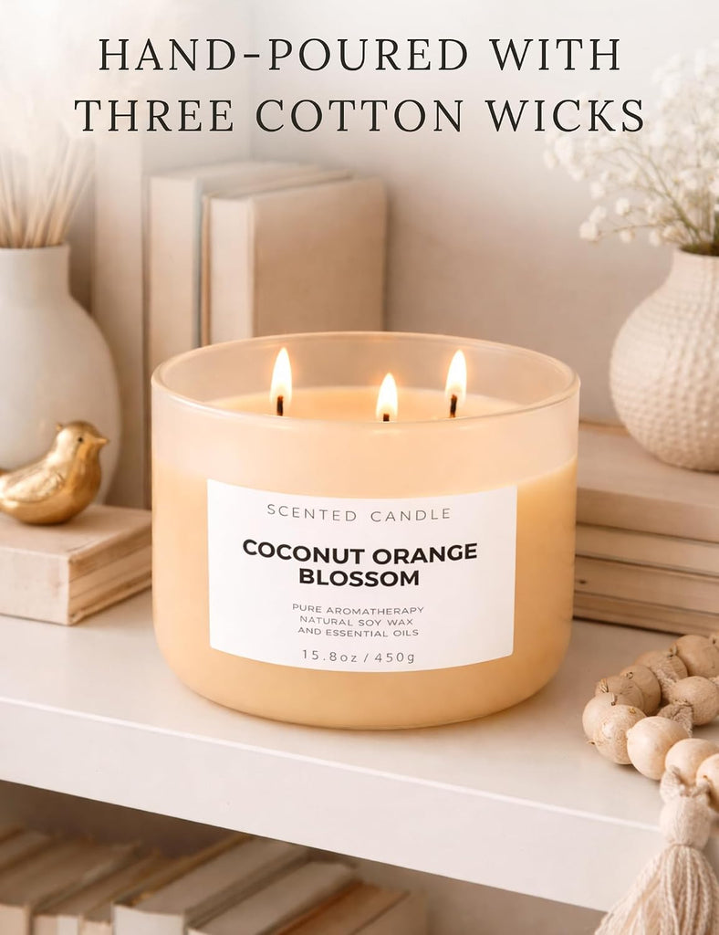 Coconut Orange Blossom Scented Candle, 3-Wick Large Soy Candle 15.8 oz - Set of 158