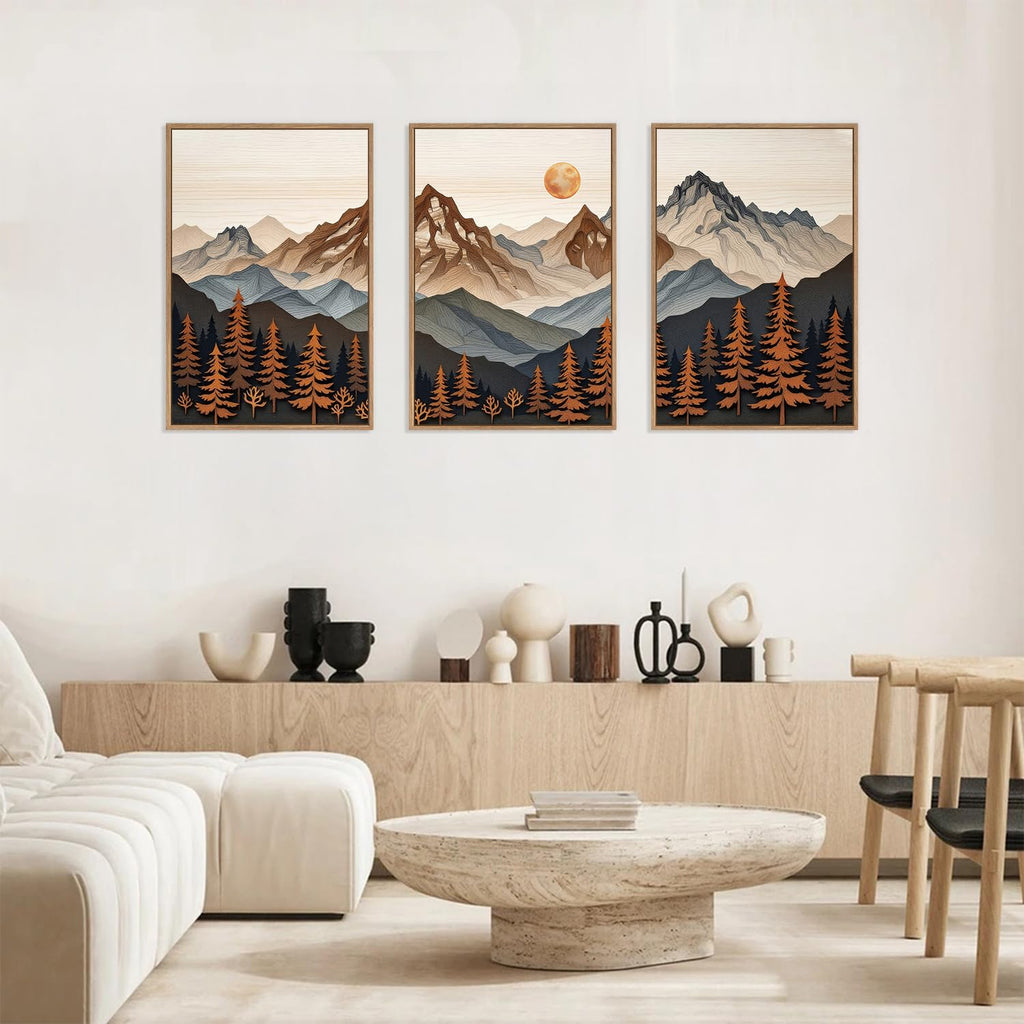 Large Boho Mountain Framed Canvas Wall Art Set, Woodcut Style Mountain Wall Decor, Vintage Forest Pine tree Art