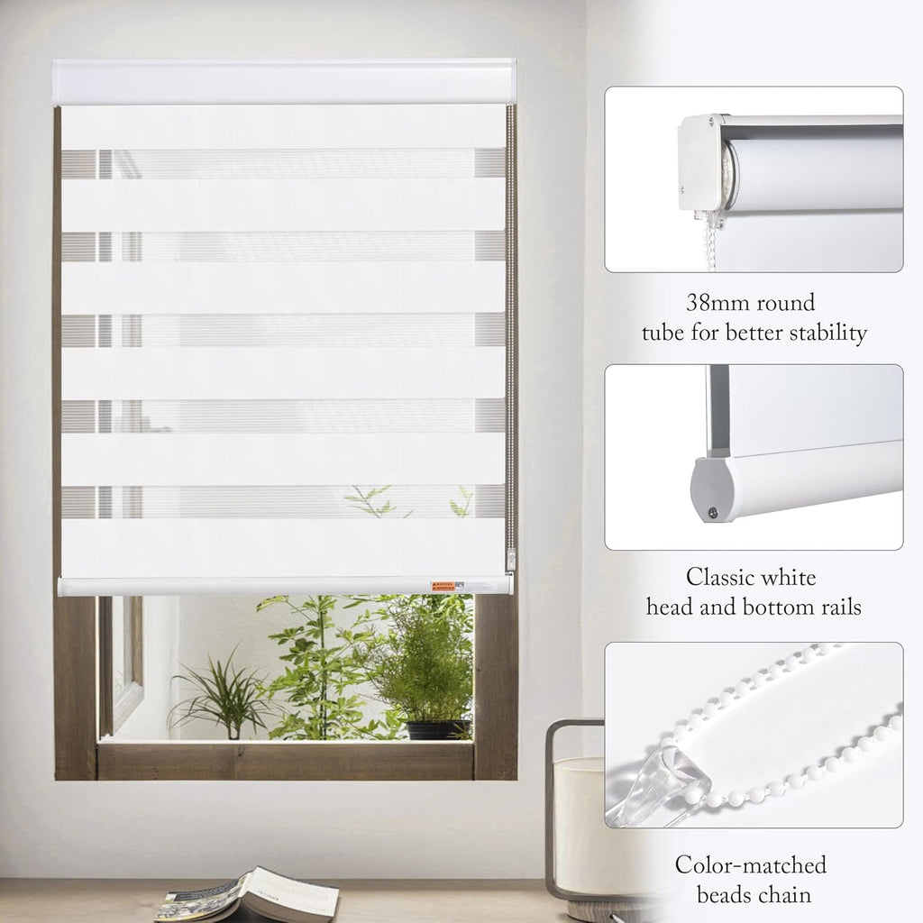 Zebra Blinds for Windows Corded Blackout Dual Layer Privacy Shades Light Control for Day and Night Home Office (White