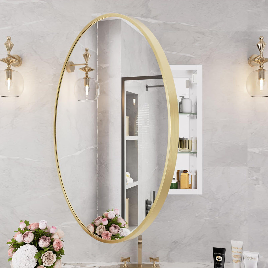 Bathroom Medicine Cabinet with Mirror, 28 Inch Gold Round Mirror Medicine Mabinet Wall Mounted with Aluminum Alloy