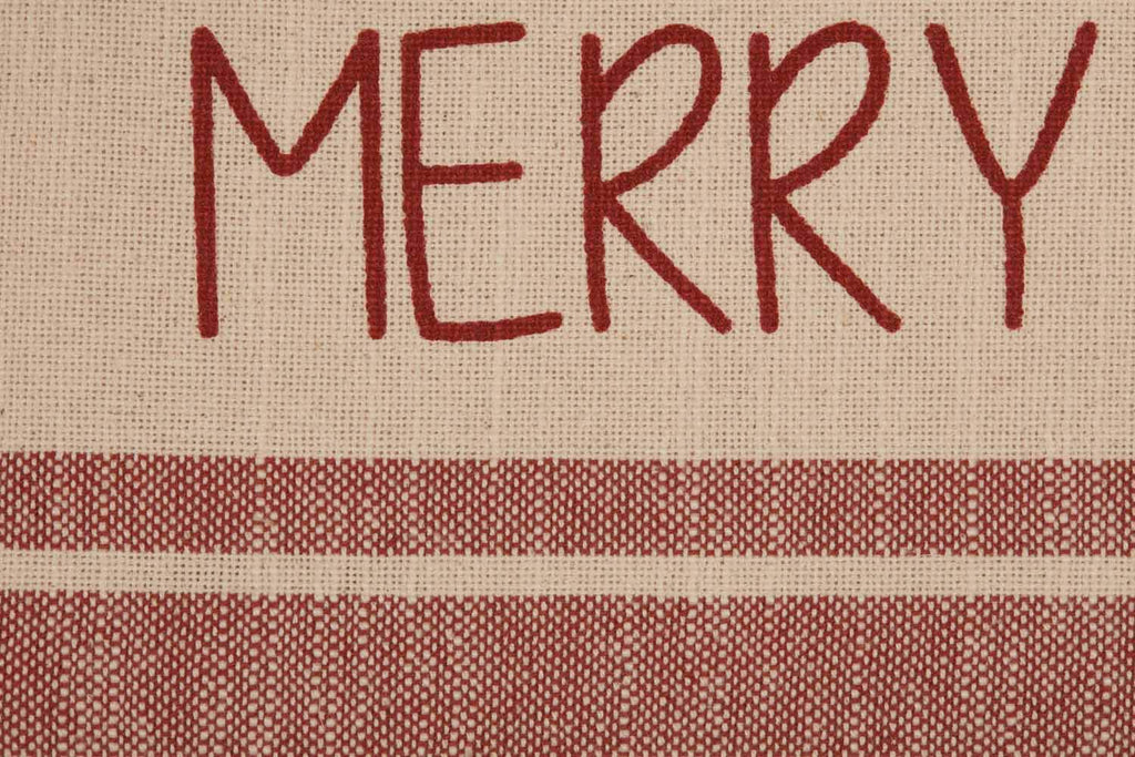 Sleigh Bells Ring Grain Sack Stripe Throw Pillow Cover, 16" x 26", w/Printed Merry Christmas, Farmhouse Christmas Red