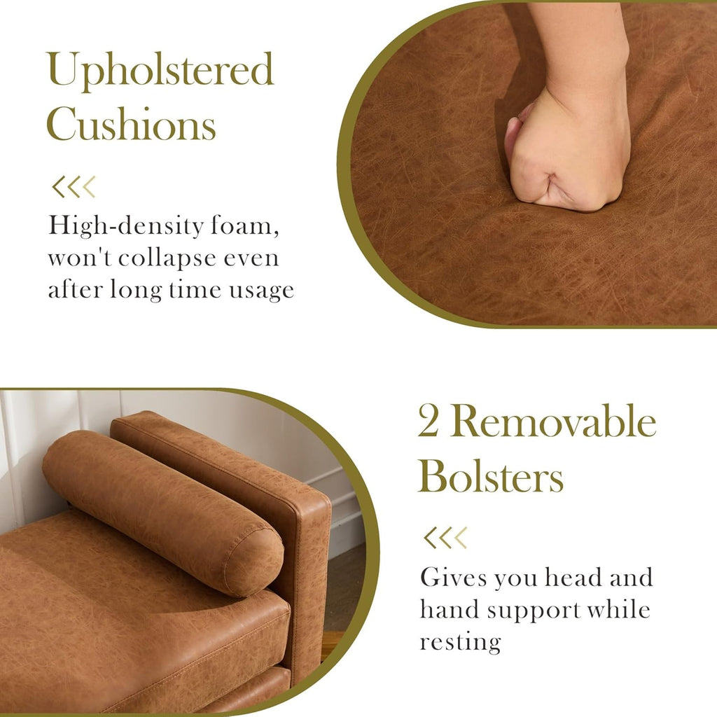 65.55" W End of Bed Bench, King Size Upholstered Bench with Pillows /Entryway/Living Room, Leather, Brown
