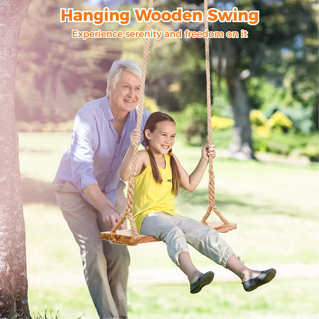 Wooden Tree Swing, Wooden Swing for Adults/Kids with 500lbs Load Capacity Waterproof Wooden Swing Seat Adjustable Hemp
