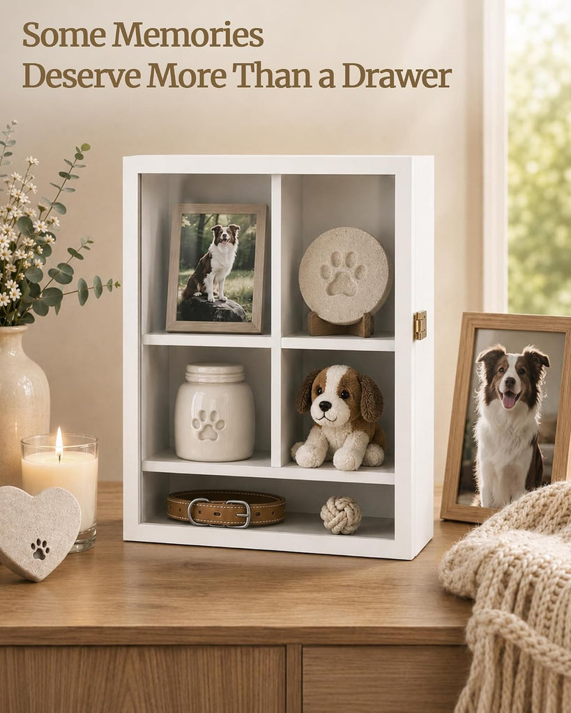 Pet Memorial Shadow Box, Dog Memorial Shadow Box with Adjustable Shelves & Pin-Back Board, Wooden Pet Memorial Box