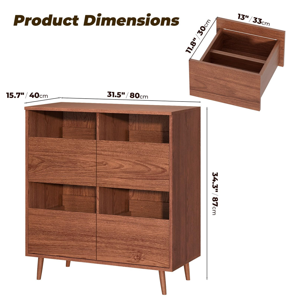 Record Player Stand with Vinyl Storage, Mid-Century, Brown
