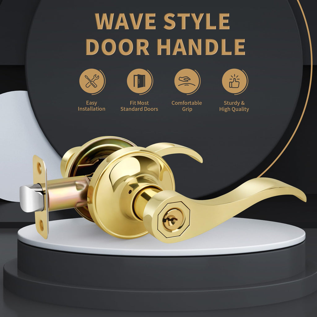 Wave Style Entry Door Handle with Keys, Keyed Door Lever with Lock for Front/Entrance in Polished Brass Finish