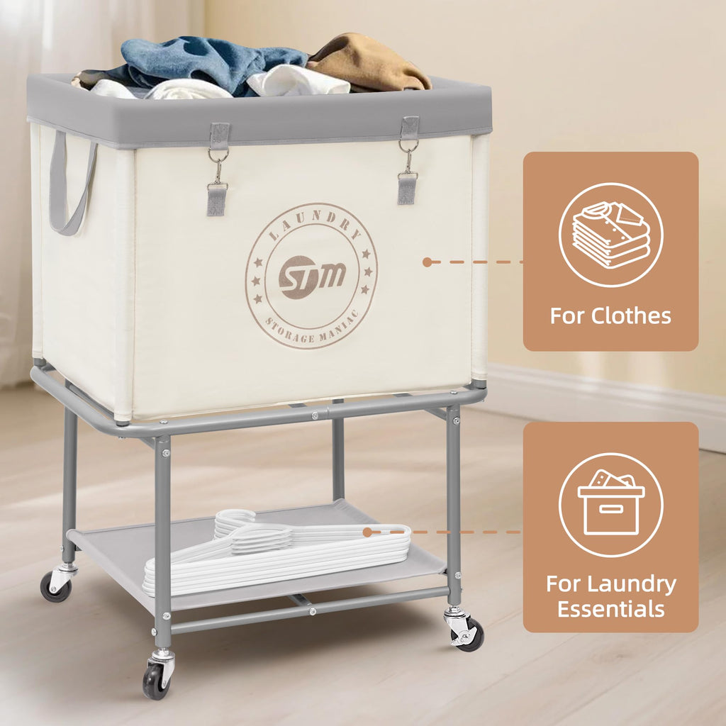 Rolling Laundry Cart with Storage Shelf, Beige