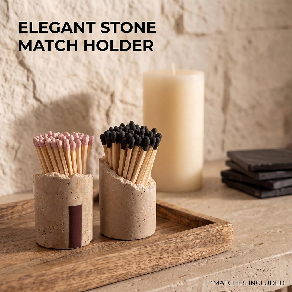Natural Travertine Stone Match Holder with Striker, Irregular Raw Edge Decorative Match Storage Jar, Matchstick - Set of 2