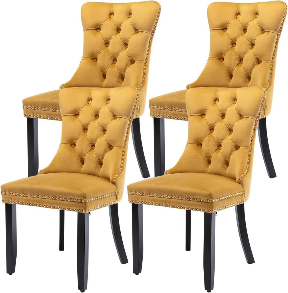 Velvet Dining Chairs Set of 4, Tufted Upholstered Dining Chairs with Nailhead Back, Ring Pull and Solid Wood Legs, Gold