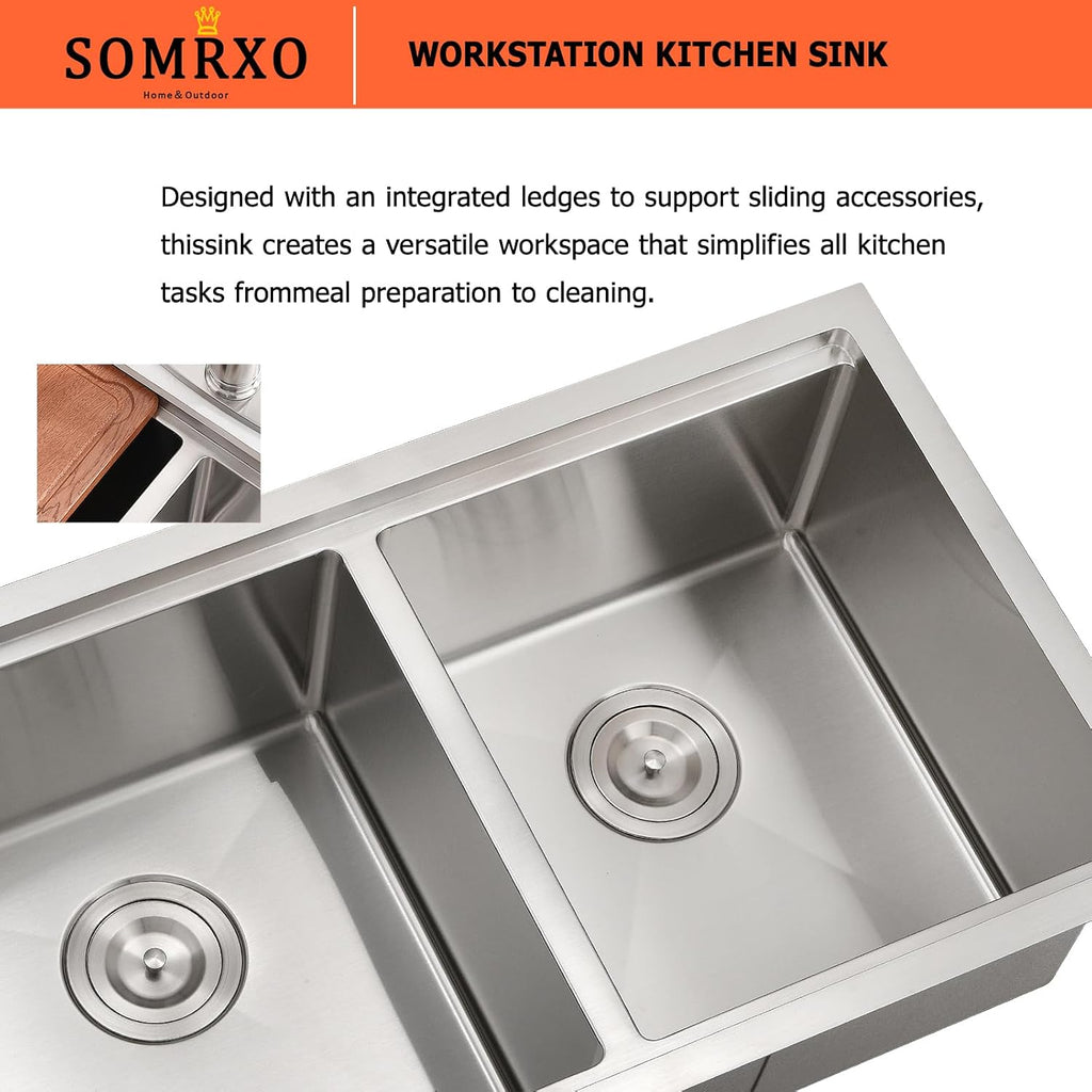 32x19 Inch Undermount Double Bowl Kitchen Sink | Workstation Design,16 Gauge Stainless Steel,10 Inch Deep