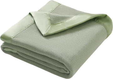 Cotton Baby Blanket with Satin Trim, Light Green, 31.5x40 inches