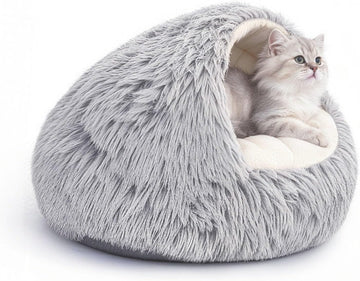 Cat Bed for Indoor Cats, 20-Inch Plush Hooded Bed with Cover, Light grey